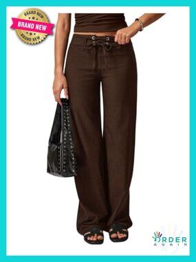 Viscose Blend Low Rise Lace Up Straight Wide Leg Work Pants